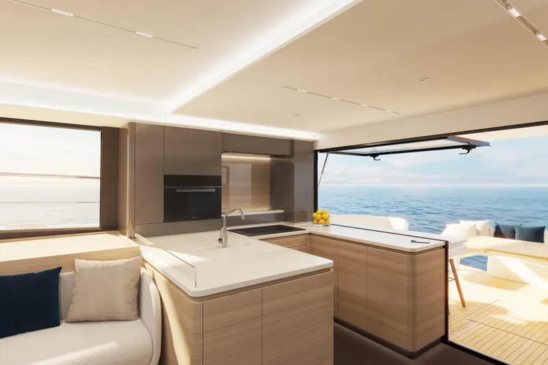 Slide: The Image of Luxurious Veya 53 yacht interior, modern kitchen with ocean view, 2026 model. - 30