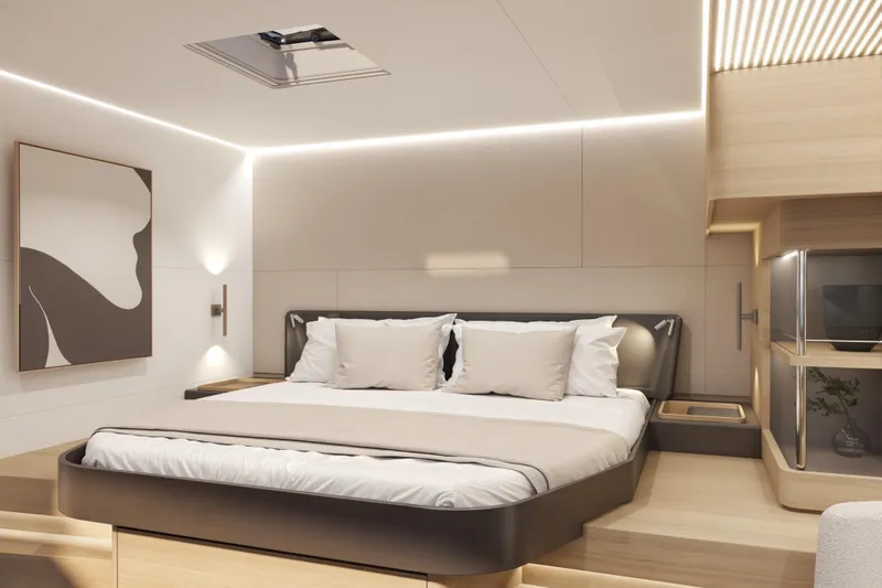 Slide: The Image of Modern bedroom interior in Veya 53 yacht, 2026 model, featuring sleek design and ambient lighting. - 40