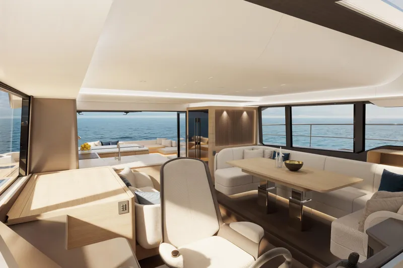 Slide: The Image of Luxurious interior of 2026 Veya 53 yacht with ocean view, modern seating, and dining area. - 23
