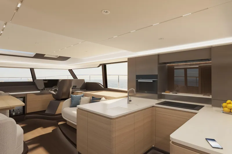 Slide: The Image of Luxurious interior of 2026 Veya 53 yacht with modern kitchen and helm station. - 26