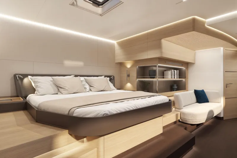 Slide: The Image of Luxurious Veya 53 yacht interior, 2026 model, featuring modern bedroom design with elegant lighting. - 34