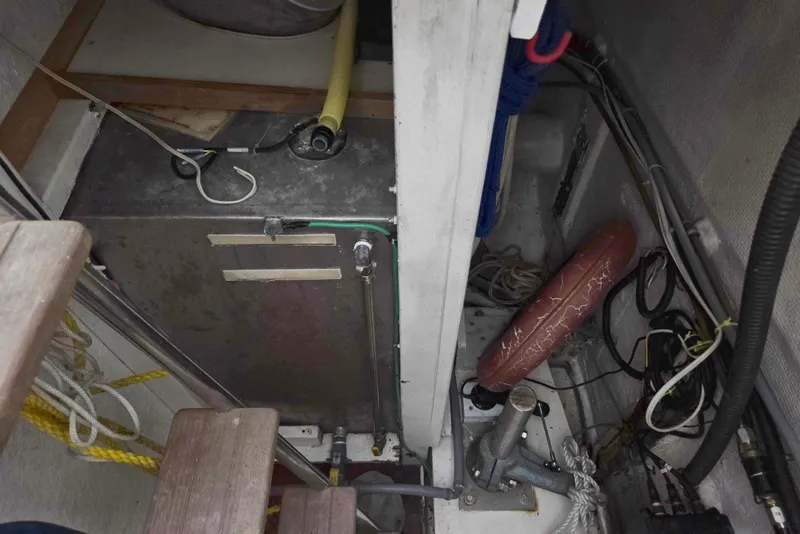 Slide: The Image of Engine room of 1993 Ocean Alexander 423 Classicco yacht, showing mechanical components and wiring. - 22