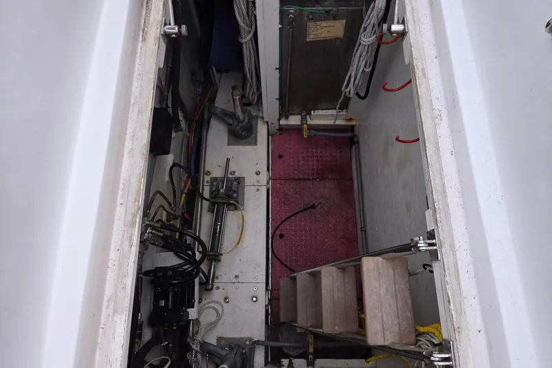 Slide: The Image of Engine compartment of 1993 Ocean Alexander 423 Classicco with visible wiring and equipment. - 21