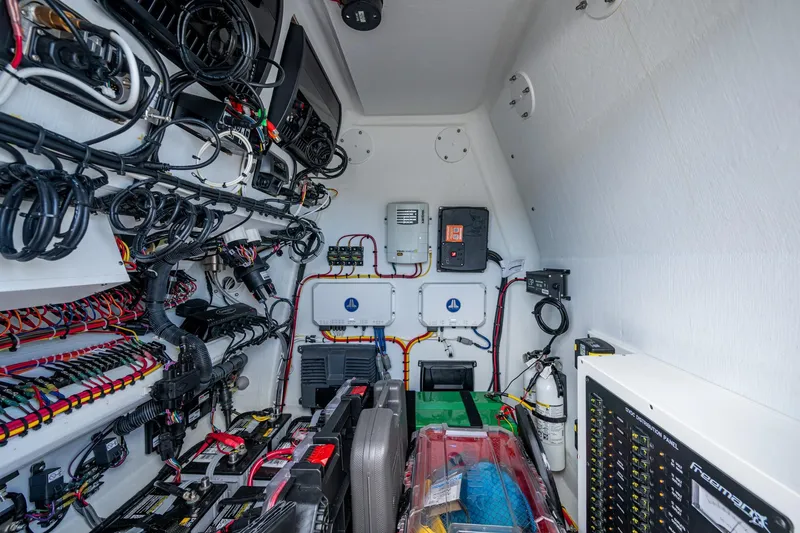 Slide: The Image of Electrical system inside a 2022 Freeman 34VH boat, showcasing organized wiring and control panels. - 24