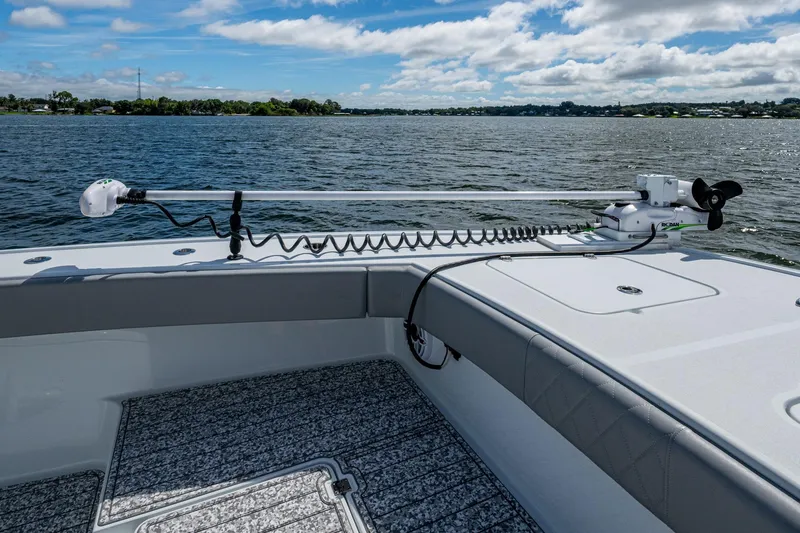 Slide: The Image of 2022 Freeman 34VH boat with trolling motor on calm water under blue sky. - 36