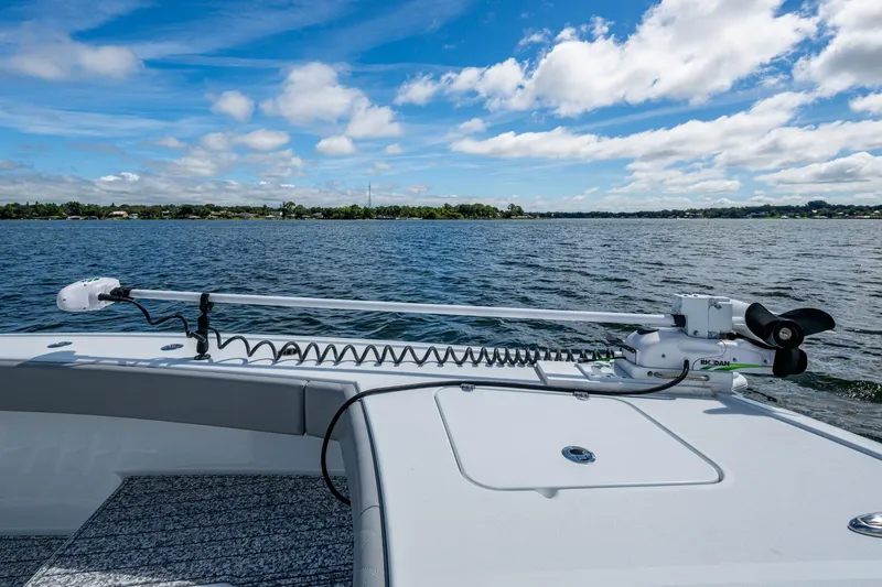 Slide: The Image of 2022 Freeman 34VH boat with trolling motor on calm lake under blue sky. - 39