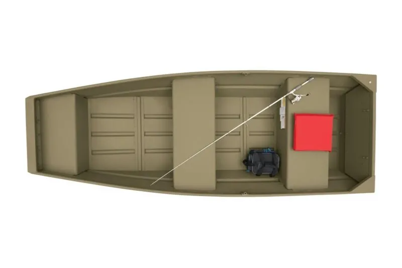 Slide: The Image of 2026 Tracker Grizzly 1236 Utility boat, top view, with fishing gear and red cushion. - 3