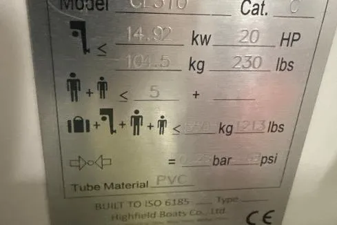 Slide: The Image of Highfield Classic 310 boat specifications plate, 2020 model, 20 HP, 230 lbs capacity, PVC material. - 11