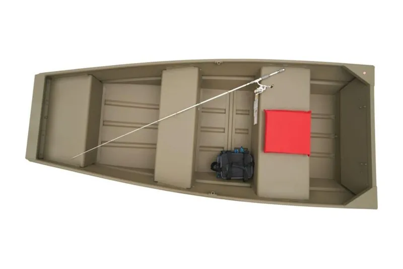 Slide: The Image of 2026 Tracker Grizzly 1036 Utility boat with fishing gear and red cushion. - 3