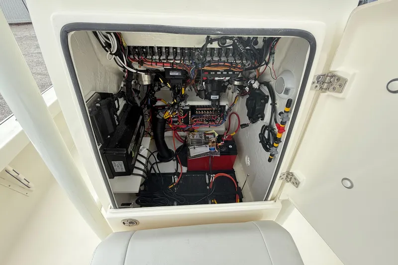 Slide: The Image of Electrical compartment of 2026 Pathfinder 2300 HPS boat, showcasing wiring and components. - 45