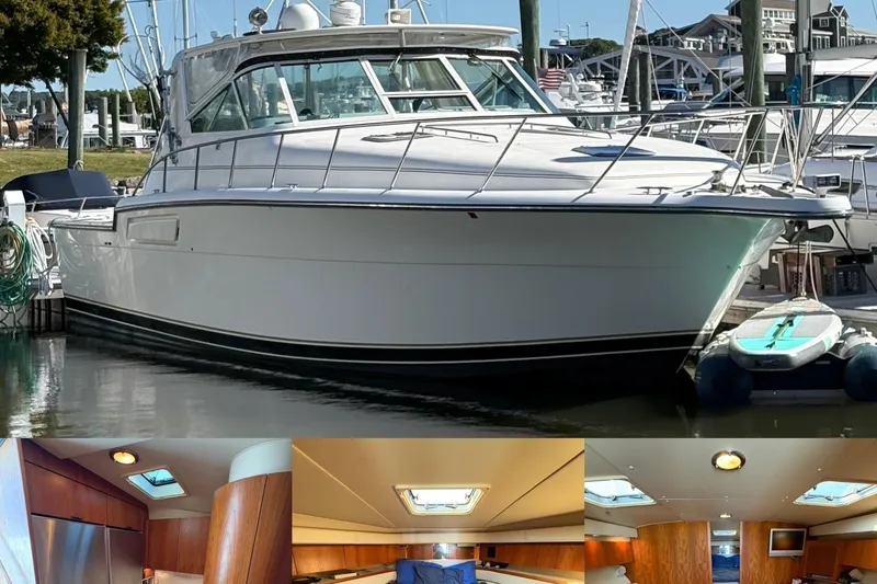 Slide: The Image of 1996 Tiara 4300 Open yacht docked, featuring sleek exterior and luxurious interior cabin views. - 36