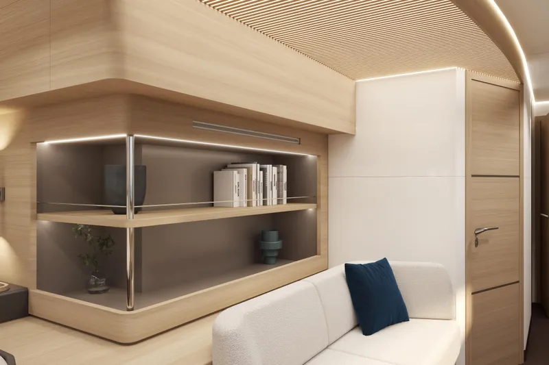 Slide: The Image of Modern interior of Veya 53 yacht, 2026 model, featuring sleek wooden shelves and cozy seating. - 35