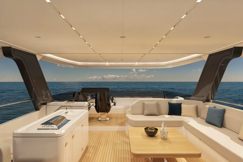 Slide: The Image of Luxurious Veya 53 yacht interior, 2026 model, featuring elegant seating and ocean views. - 17