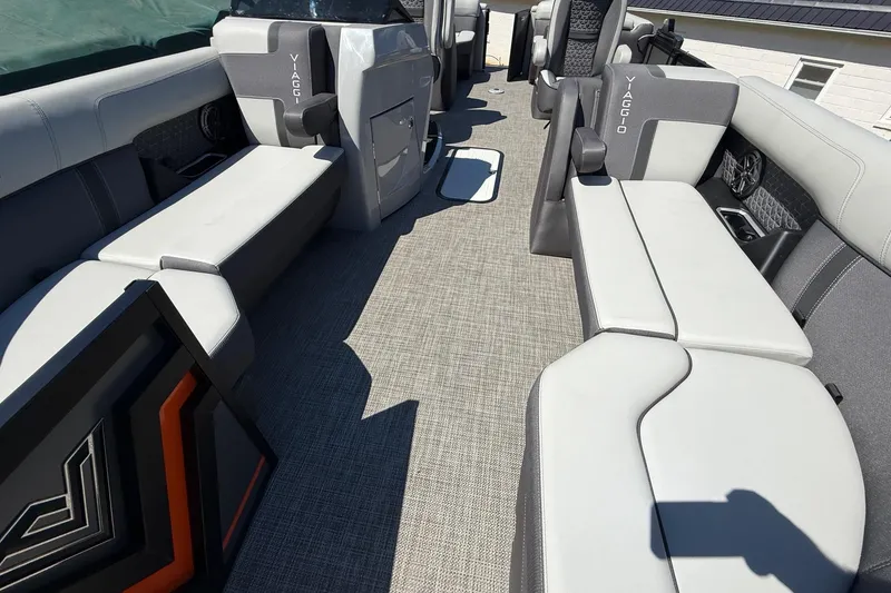 Slide: The Image of 2026 Viaggio Lago Z22U boat interior with gray seating and modern design. - 16