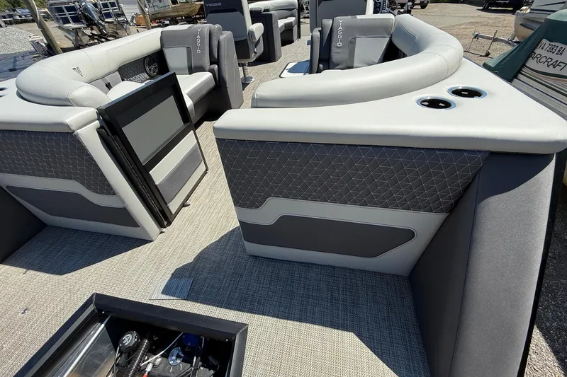 Slide: The Image of 2026 Viaggio Lago Z22U pontoon boat interior with luxurious seating and modern design. - 6