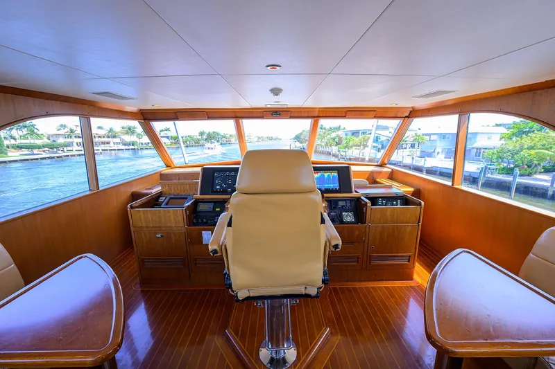 Slide: The Image of Luxurious 1985 Feadship Yacht Fisherman helm with panoramic windows and elegant wood interior. - 30