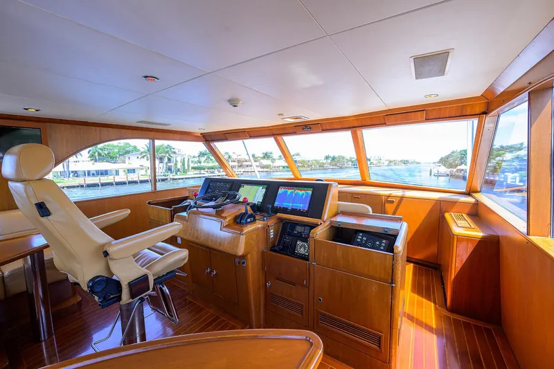 Slide: The Image of Luxurious 1985 Feadship Yacht Fisherman helm with modern navigation equipment and panoramic views. - 31