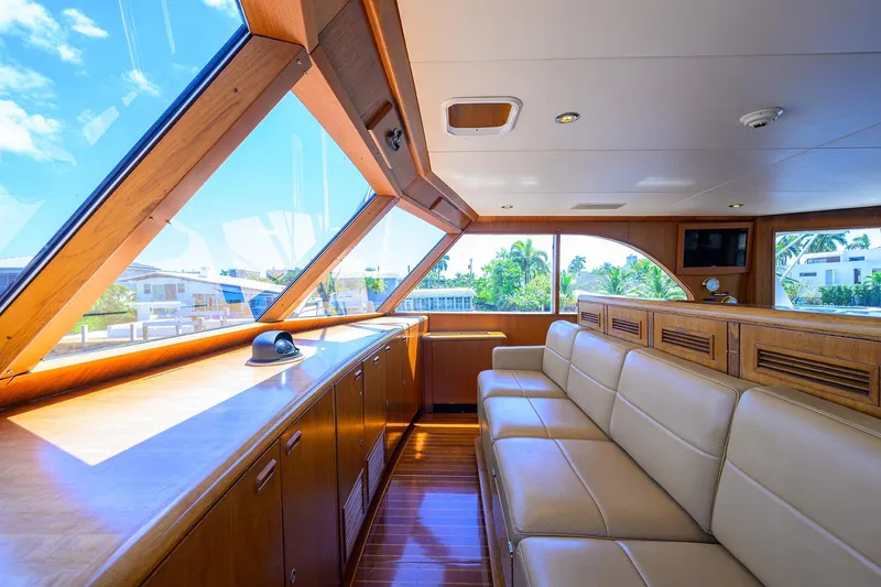 Slide: The Image of Luxurious interior of 1985 Feadship Yacht Fisherman with leather seating and panoramic windows. - 44
