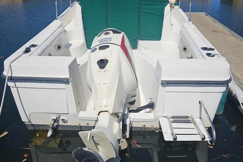 Slide: The Image of Bayliner 2000 Trophy boat with Evinrude 150 engine, docked on calm water. - 2