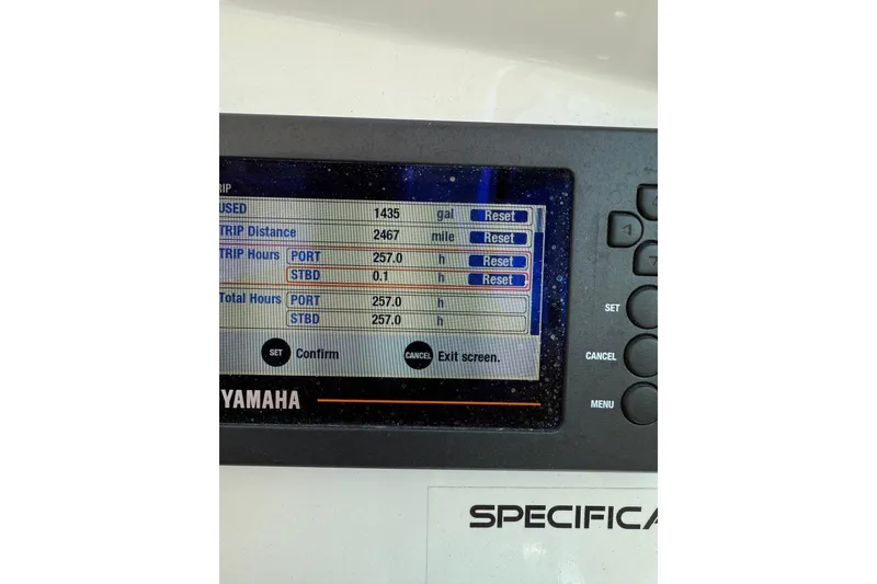 Slide: The Image of Display screen of a 2018 Sailfish 275 DC showing trip data and engine hours. - 17