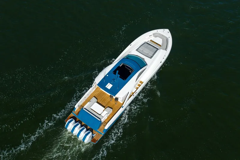 Slide: The Image of Aerial view of 2026 Valhalla V-55 Sport Yacht cruising on open water. - 4