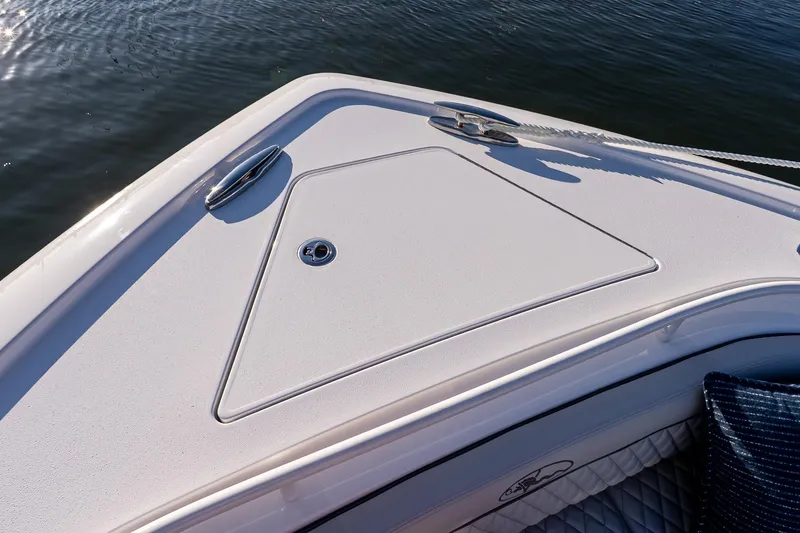 Slide: The Image of Bow of 2026 Valhalla V-55 Sport Yacht with sleek design and cleat details. - 45