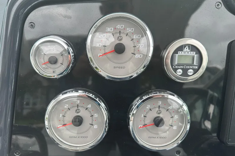 Slide: The Image of Dashboard of 2021 Formula 350 Sun Sport with speedometer, fuel gauge, and chain counter. - 22