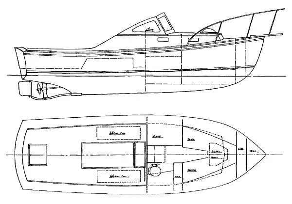 Slide: The Image of Blueprint of a 2003 Dyer 29 Soft Top boat, side and top views. - 23