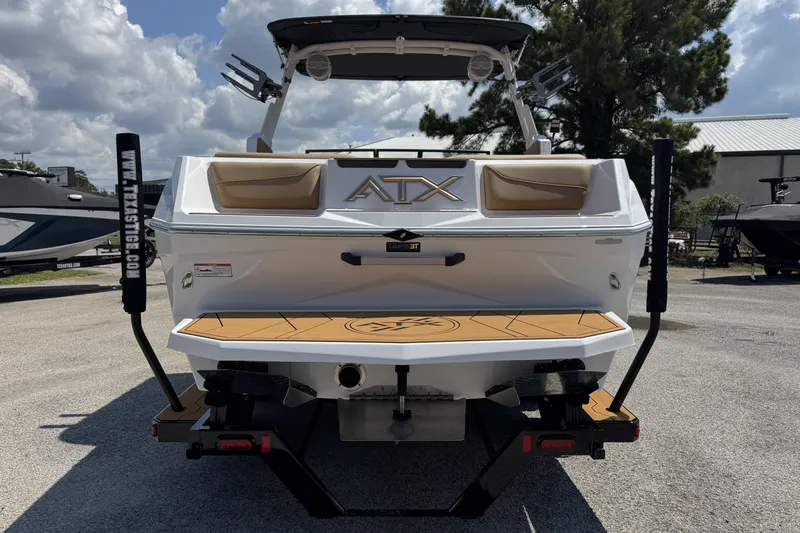 Slide: The Image of 2026 ATX Surf Boats 22 Type-S, rear view, parked outdoors under cloudy sky. - 3
