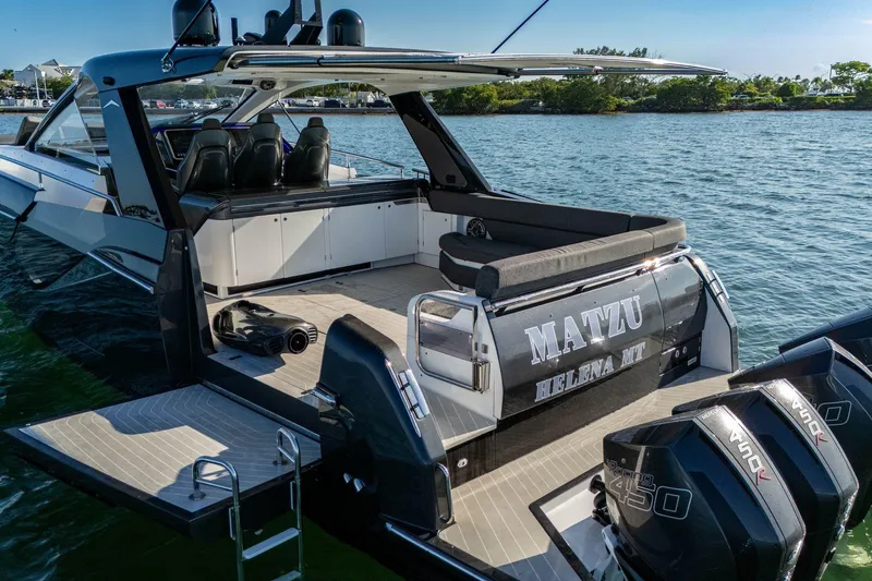 Slide: The Image of 2023 Azimut Verve 47 luxury yacht docked, featuring sleek design and powerful engines. - 16