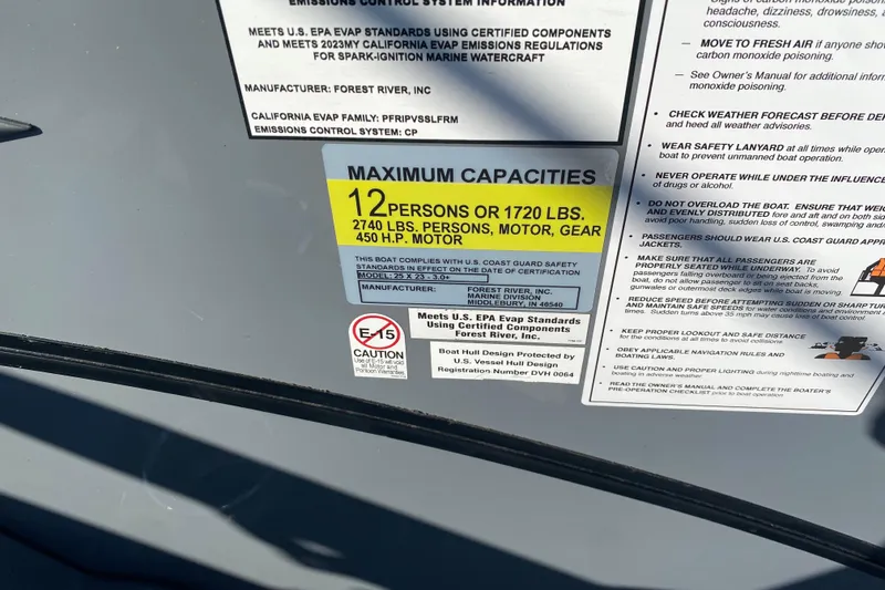 Slide: The Image of 2023 Berkshire 23UL boat capacity label, 12 persons or 1720 lbs, 450 HP motor. - 16