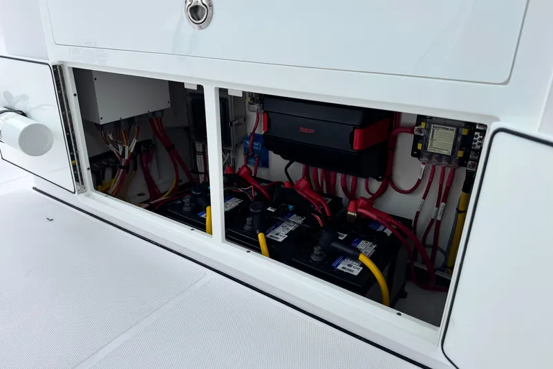 Slide: The Image of Electrical system of 2026 Bertram 34CC boat with batteries and wiring. - 25