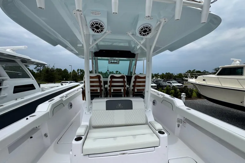 Slide: The Image of 2026 Bertram 34CC boat interior with seating and modern design features. - 42