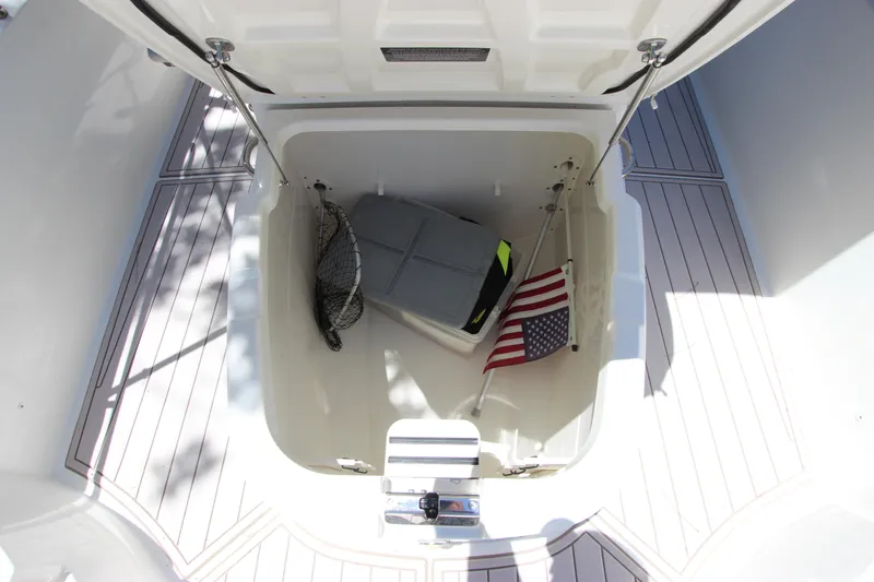 Slide: The Image of Open storage compartment on 2017 Boston Whaler 270 Dauntless boat with American flag. - 33