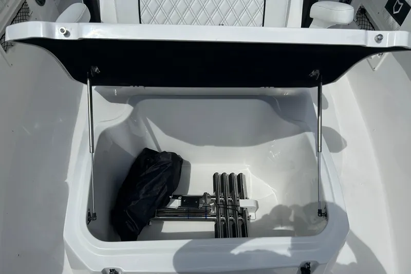 Slide: The Image of Open storage compartment on 2026 Sea Fox 268 Commander boat, featuring a ladder and cover. - 36