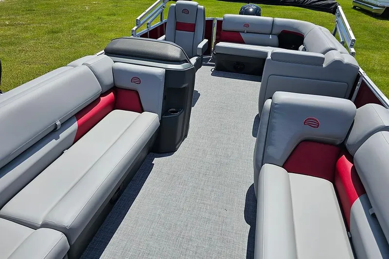 Slide: The Image of 2026 Sun Tracker Party Barge 20 DLX interior with spacious seating and modern design. - 11