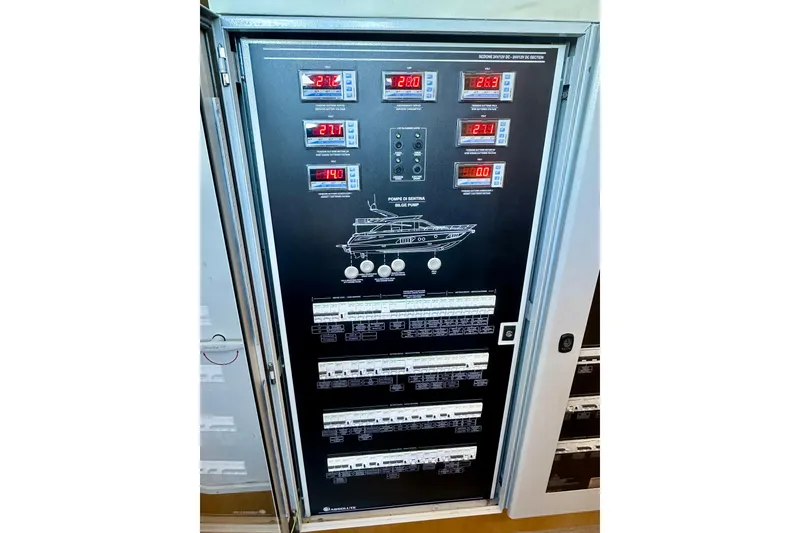 Slide: The Image of Electrical control panel on a 2016 Absolute 72 FLY yacht, featuring digital displays and switches. - 40