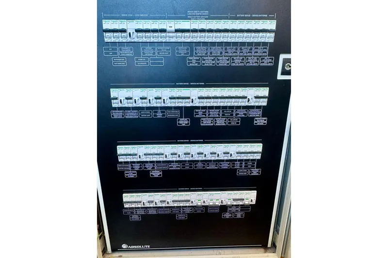 Slide: The Image of Electrical panel on a 2016 Absolute 72 FLY yacht, featuring multiple circuit breakers. - 41