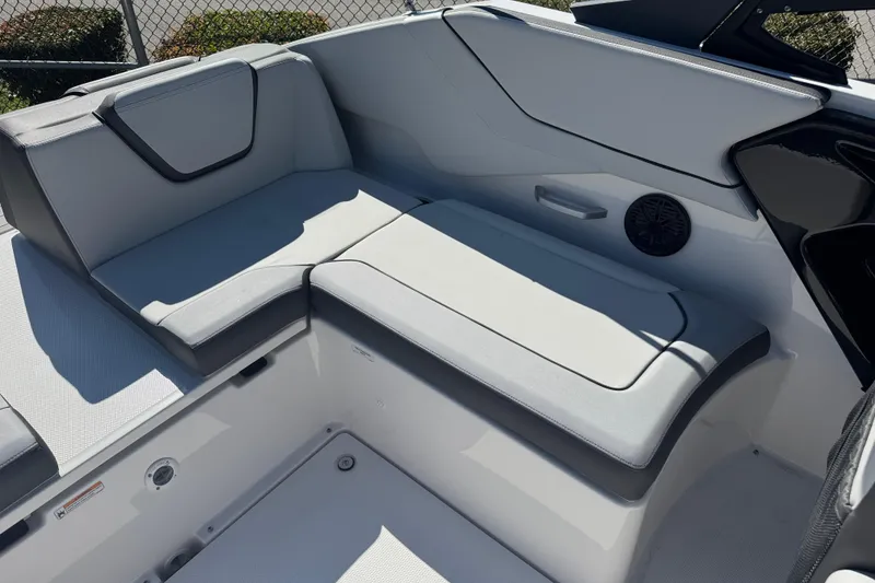Slide: The Image of 2025 Yamaha Boats SX250 interior seating with sleek, modern design and comfortable upholstery. - 11