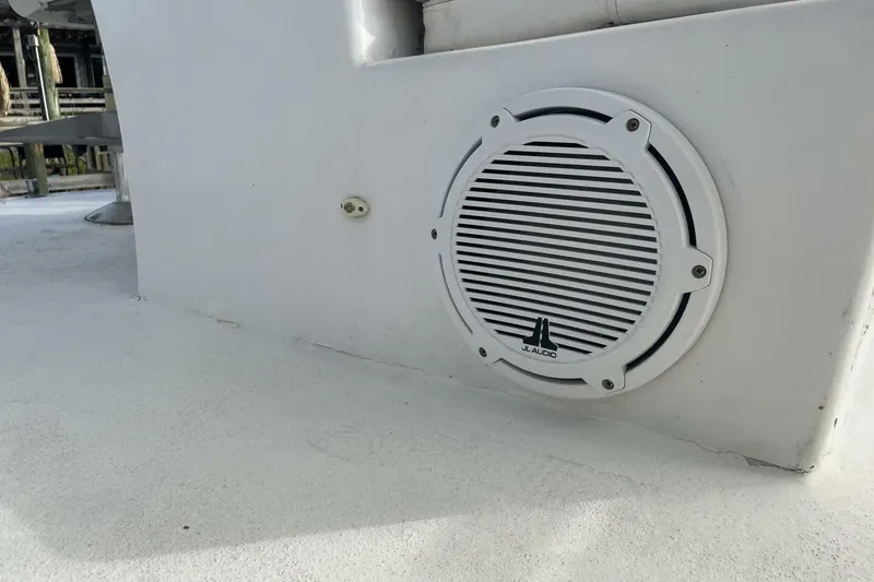 Slide: The Image of White JL Audio speaker on 1983 Custom Key West 39' Sportfish boat deck. - 32
