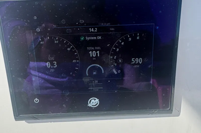 Slide: The Image of Display panel of 2024 Sailfish 241 CC showing speed, fuel, and RPM data. - 15
