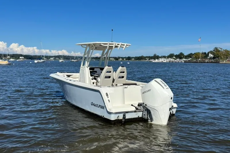 Slide: The Image of 2024 Sailfish 241 CC boat on calm water with Mercury outboard motor. - 4