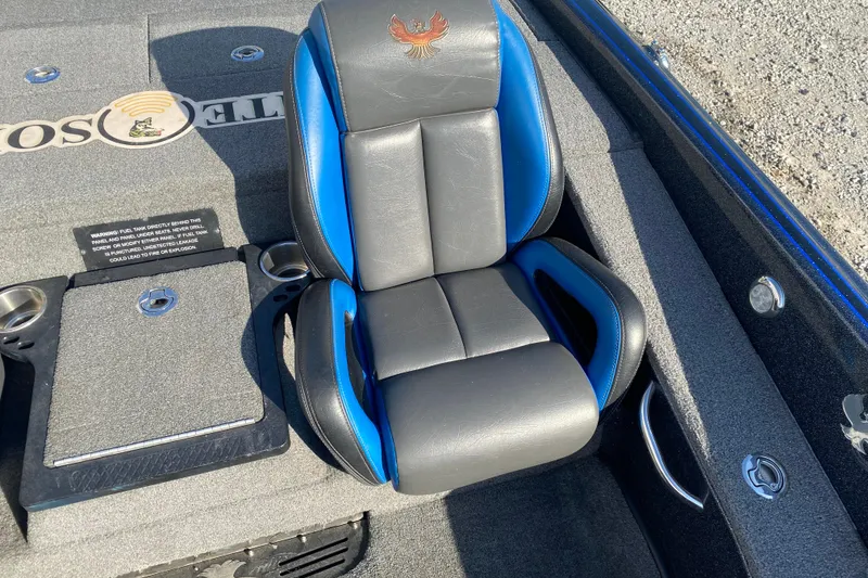 Slide: The Image of 2022 Phoenix 920 Elite boat seat with blue accents and logo embroidery. - 13