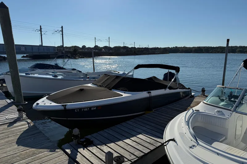 The Image of 2021 Regal LX2 boat docked at a marina under clear blue skies. - 1