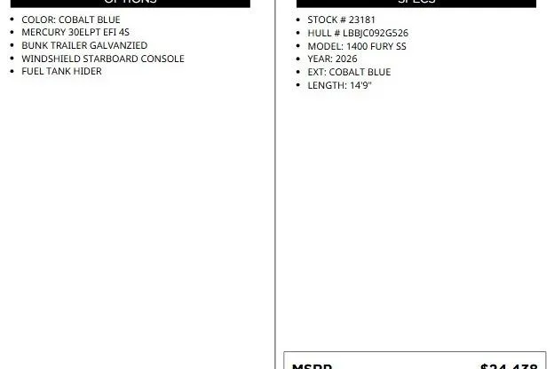 Slide: The Image of 2026 Lund 1400 Fury SS boat specs and options, featuring cobalt blue exterior. - 2