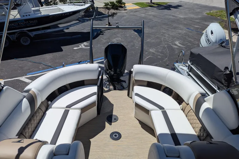 Slide: The Image of 2026 Trifecta 23RFSS pontoon boat with luxurious seating and modern design. - 22