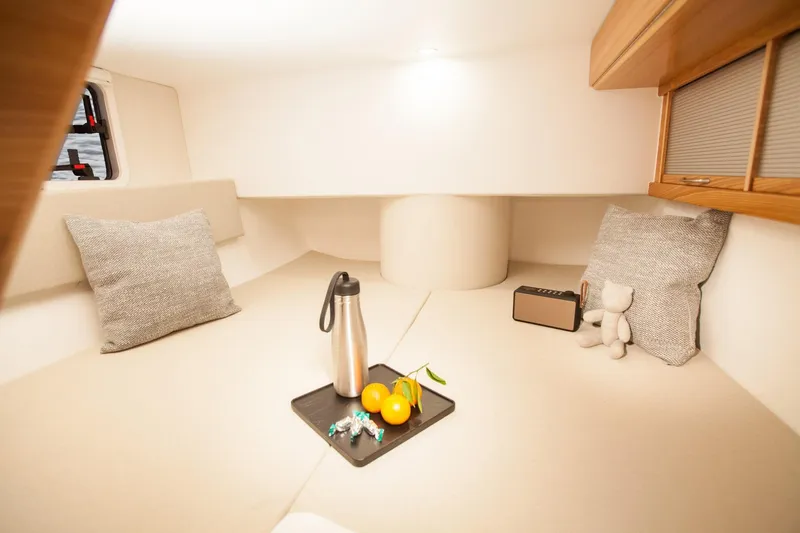 Slide: The Image of Cozy cabin interior of 2025 Dragonfly 32 Evolution with pillows, tray, and decor. - 43