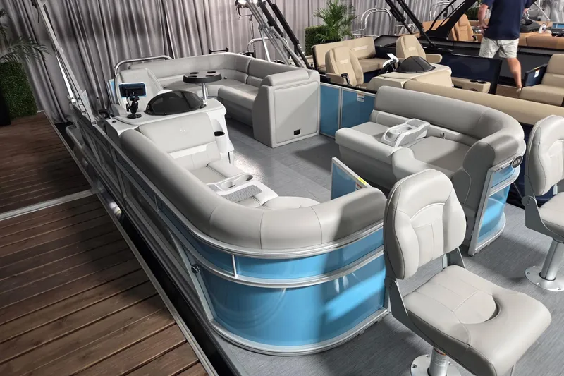 Slide: The Image of 2026 Godfrey Xperience 2086 BFX pontoon boat with modern seating and sleek design. - 9
