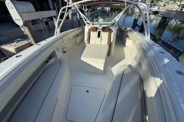 Slide: The Image of 2011 Hydra-Sports 4200 SF boat interior with seating and open deck view. - 5