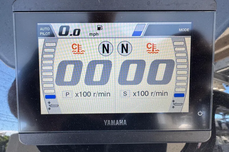 Slide: The Image of Yamaha display on 2023 Robalo R302 Center Console showing 0.0 mph and engine RPM. - 16